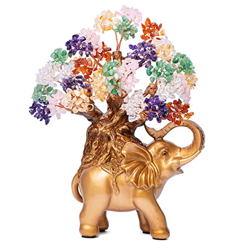 7 Chakra Crystal Money Tree on Gold Elephant Statue
