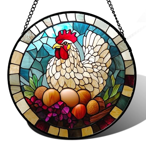 Farmhouse Hen Stained Glass Window Hanging Suncatcher Gifts for Women 6.3" (White / 6.3x6.3 IN)