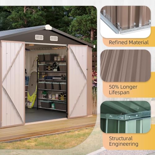 10x8FT Shed with Floor Galvanized Steel Outdoor Storage Shed (Brown / 10'x8'w)