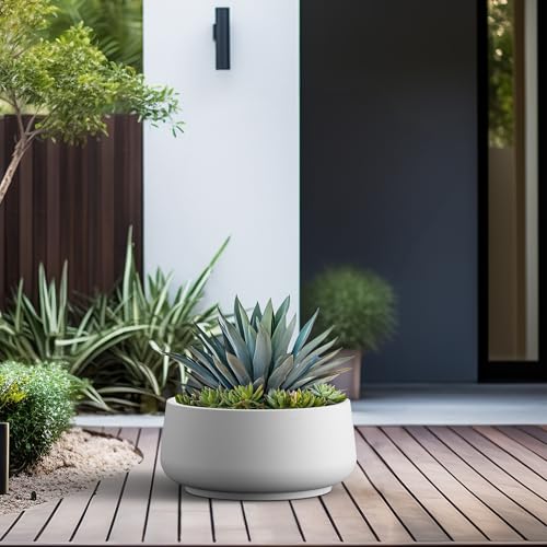 Large Round Bowl White Concrete Planter 17.3" Dia