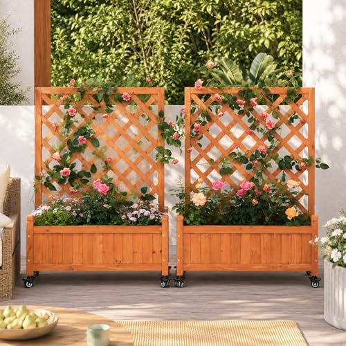 2 Trellis Raised Garden Bed with Wheels (Red Brown / H38 × W28 x D13 in)