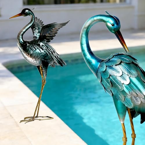Garden Crane Statues Blue Heron Metal Birds Yard Art Ornament (Dark Blue)