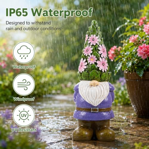 Solar Garden Gnome Statue (Flower Hat Gnome)