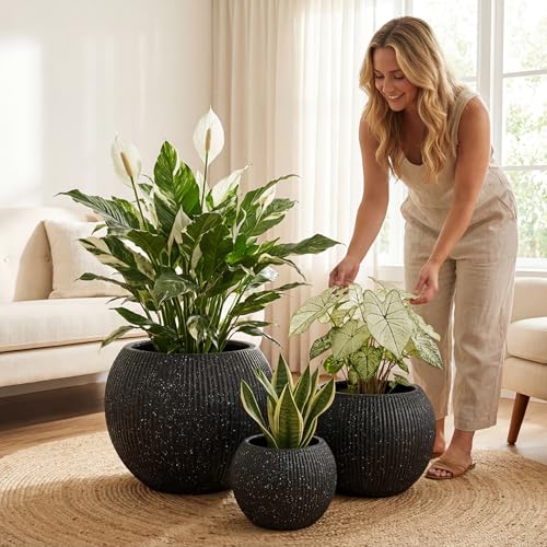 Premium Mt Sherman Fiberstone Sphere Planter for Indoor Outdoor Use (Ribbed Black / Large 21.1''D x 16.7''H)