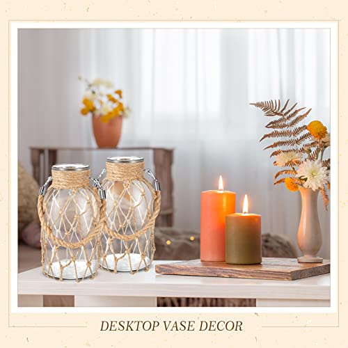 Set of 4 Rope Net Dry Flower Glass Vase 7.9 x 4 Inches Wicker Farmhouse Vase Coastal Decor for Wedding Tables Home Rustic Hanging Mason Jar Rope Wrapping Decorative Bottles Nautical Decor (4 Count)