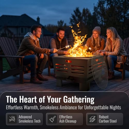 Smokeless Wood Fire Pit with BBQ Grill for Camping & Backyard (Country Rustic)