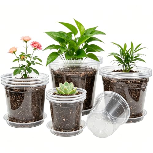 4/5/6/7 Inch 40 Pack Clear Plastic Nursery Pots with Drainage and Saucer (4/5/6/7inch 40pack)
