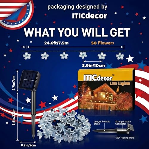 50 LED Solar Flower String Lights Outdoor Waterproof Fairy Lights (Red White&Blue / 1 Pack)
