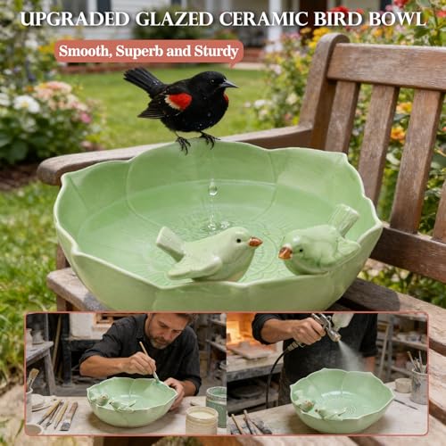 Glazed Ceramic Bird Bath Bowl for Outdoor Ground (Light Green)