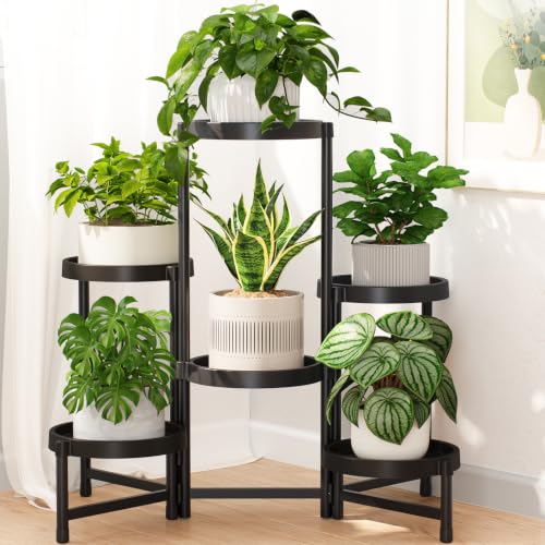 Plant Stand Indoor Outdoor with Large 10 Inch Plastic Tray (Standard Black with Large Tray / 6 Tier)