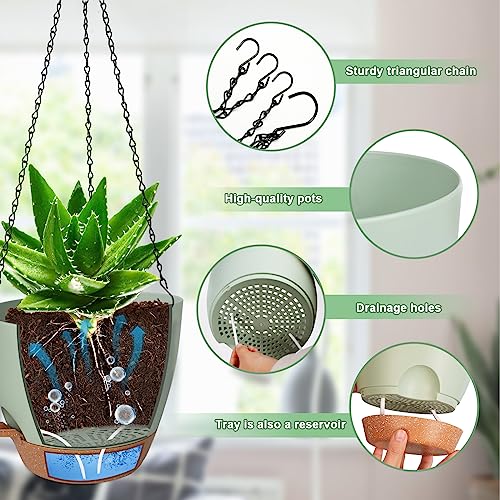 10/9/8 Inch Hanging Planter for Indoor Outdoor Plants, 3 Pack Self-Watering Hanging Pot with Drainage Holes Hanging Planter Baskets Plant Pots with Removable Tray (Green+Brown) (3 Count)