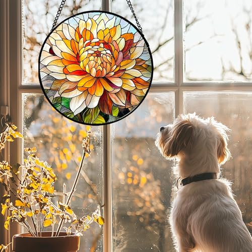 Orange White Flower Stained Glass Window Hanging Suncatcher Gifts 6.3" (Multiple Colors / 6.3x6.3 IN)