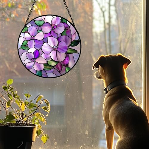 Stained Glass Window Hanging 4 Pcs Set Purple Flower Theme 7.8" (4-piece Set Purple / 7.8x7.8 IN)