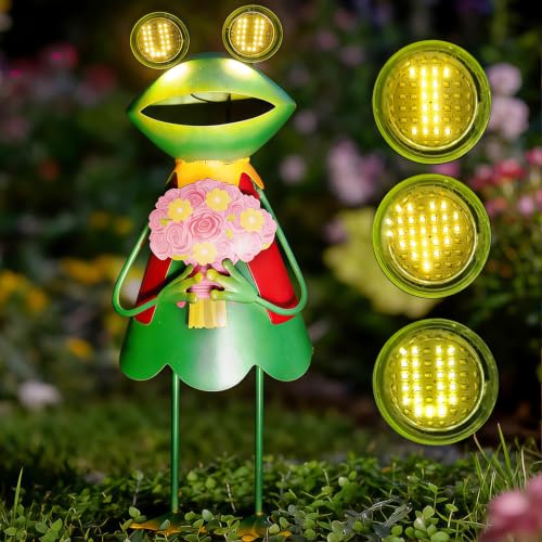 Solar Garden Statues 21" Loving Metal Frog Garden Decor Figurine Lights with LED Eyes for Patio (Solar Eyes Pink Flower Frog / 21 IN-1 PC)