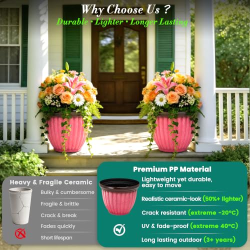 15" Large Planters for Outdoor Plants Set of 2 Plastic Flower Pots (15"-gradient Coral Pink)