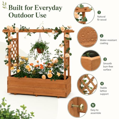 Raised Garden Bed with Arch Trellis & Hanging Roof for Climbing Plants (Brown / W55 x D17.5 x H44.5in)