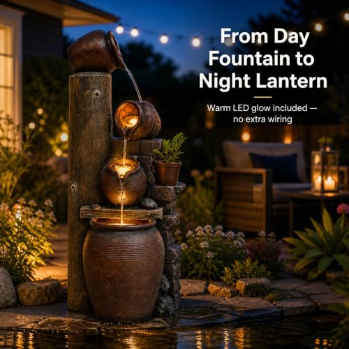 AUTODAYA 40" Overszied Outdoor Water Fountain LED Cascading Waterfall 4 (39.5"h Antique Terracotta)