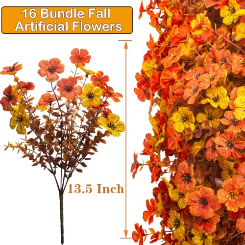 16 Bundles UV Resistant Artificial Fall Flowers Faux Mums for Outdoors (Yellow Orange)