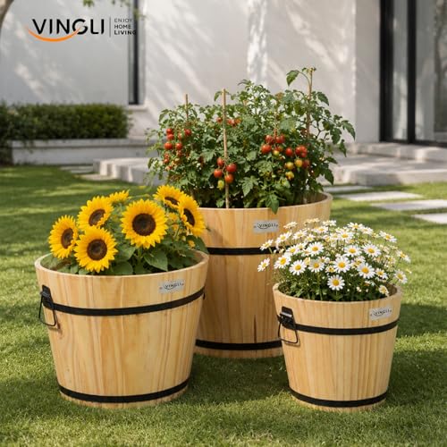 3 PCS Large Wooden Planter Barrel Set (Honey)
