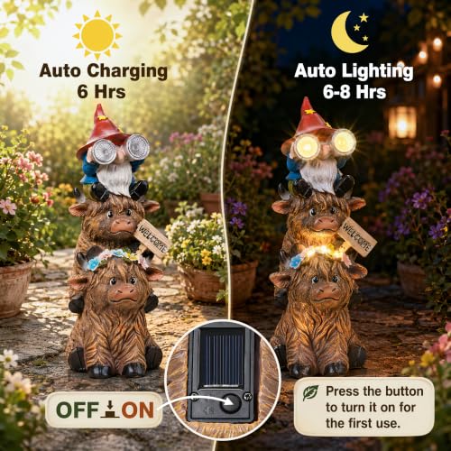 Solar Garden Gnome on Highland Cow Statue with Flower and Welcome Sign (Gnome Highland Cow)