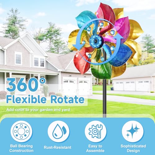 Double Sided Wind Spinner Outdoor Metal Wind Sculpture with Adjustable Height Pole & 5 Prong Base (Colorful)