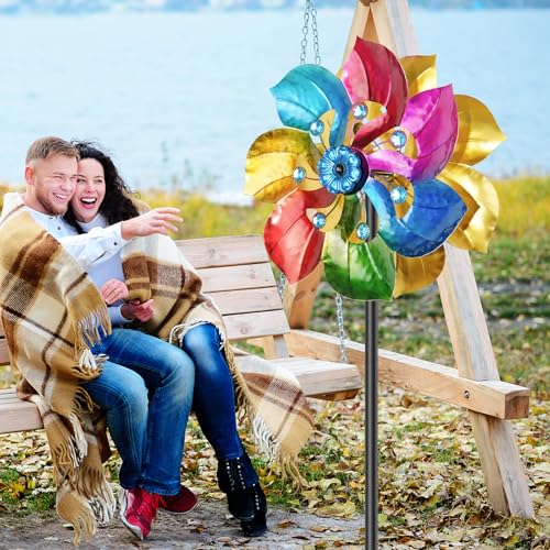 Double Sided Wind Spinner Outdoor Metal Wind Sculpture with Adjustable Height Pole & 5 Prong Base (Colorful)
