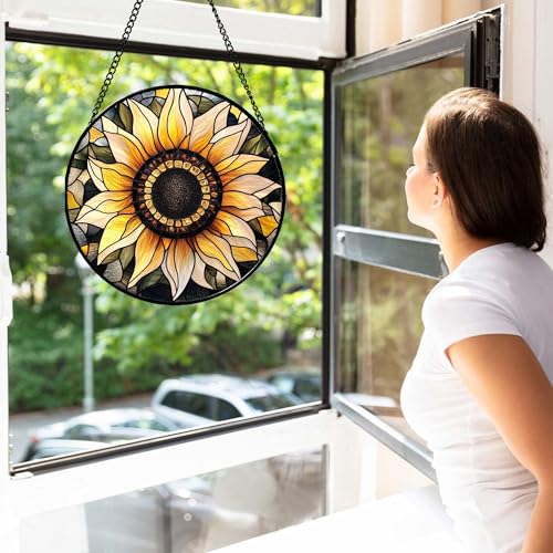 Retro Sunflower Stained Glass Window Hanging Suncatcher Gifts for Mom 9.8" (Yellow / 9.8x9.8 IN)