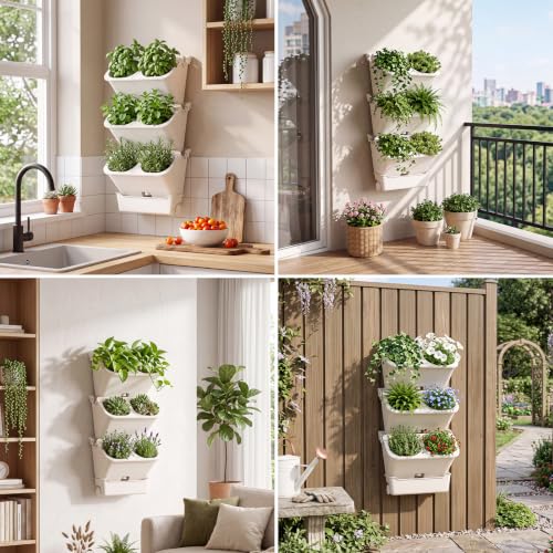 3 Set 6 Pocket Vertical Stackable Wall Planters Kit Outdoor Self Watering Plastic Planter Grow Hang Mount System for Strawberry Flower Vegetable Home Fence Balcony Wall Decor (White)