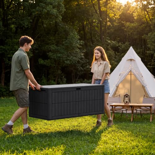 185 Gallon Deck Box Resin Outdoor Storage Box Waterproof (Black / 185 Gallon)