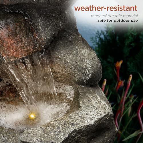 40" Tall Outdoor Multitiered Rock Waterfall Floor Fountain with LED Lights (Gray - 40" H - Multi-tier W/ Warm White Leds)