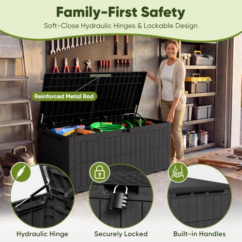 185 Gallon Deck Box Resin Outdoor Storage Box Waterproof (Black / 185 Gallon)