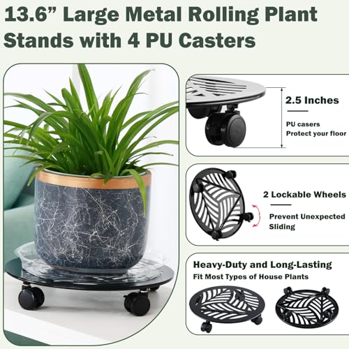 4 Packs Large Metal Plant Caddy with PU Wheels 13.6" Heavy (13.6")