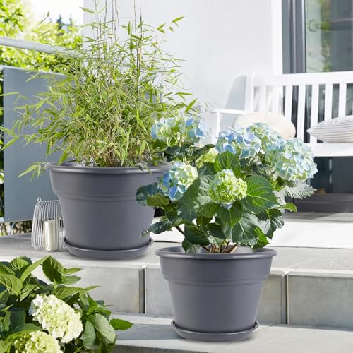 10-inch-Plant-Pots-Indoor-Outdoor, 4 Pack Plastic Planters with Drainage Holes & Saucers, Resin Flower Pots with Trays, Classic Garden Pot Container for House (4 Count)