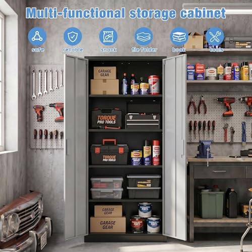 71 Inch Lockable Metal Storage Cabinet (Black & Gray / 15.75"D x 31.50"W x 70.87"H)
