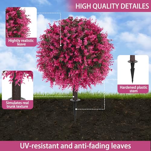 2 Pack Fake Pink Eucalyptus Topiary Ball Trees with Ground Spike (Pink Eucalyptus)