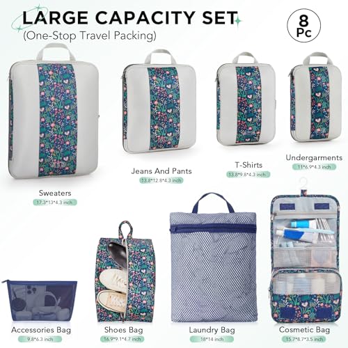 8 Set Compression Packing Cubes for Travel Essentials (Dark Blue Floral)