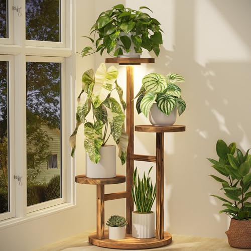 3 Tier Wood Plant Stand Indoor Corner with Grow Light (Pine Brown with Light / 3 Tiers)