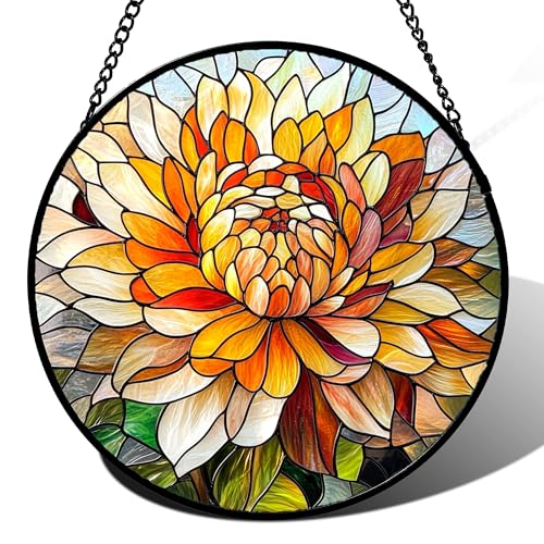 Orange White Flower Stained Glass Window Hanging Suncatcher Gifts 12" (Multiple Colors / 11.8x11.8 IN)