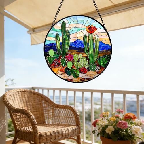 Green Cactus Stained Glass Window Hanging Suncatcher Gifts for Women 12"