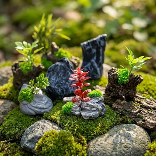Miniature Fake Stone Rock and Tree Stump Ornaments with Plants (Stone Rocks & Trees Stumps)