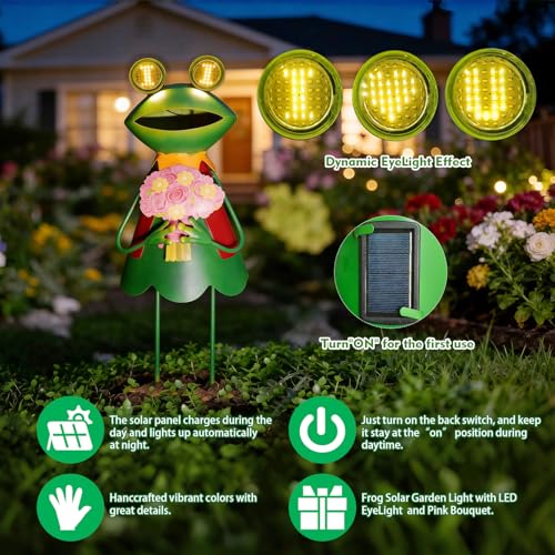 Solar Garden Statues 21" Loving Metal Frog Garden Decor Figurine Lights with LED Eyes for Patio (Solar Eyes Pink Flower Frog / 21 IN-1 PC)