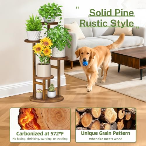 4 Tier Wood Plant Stand Indoor Corner with Grow Light (Pine Brown with Light / 4 Tiers)