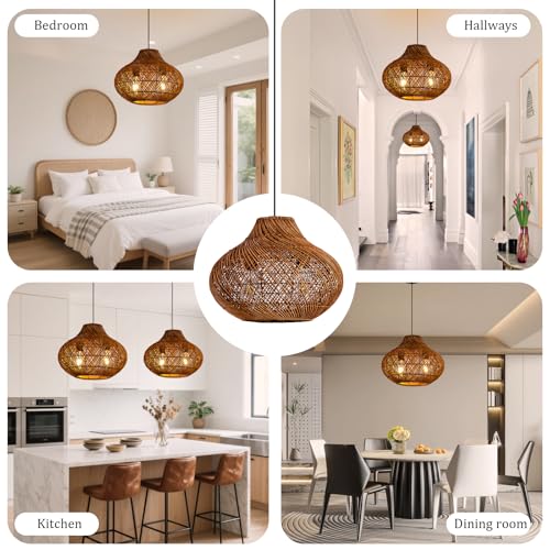 15" Rattan Pendant Light (Metal+Brown / 14.96" 2-Light)