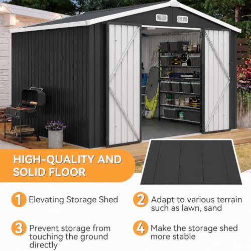 10x8FT Shed with Floor Galvanized Steel Outdoor Storage Shed Black (Black / 10'x8'w)