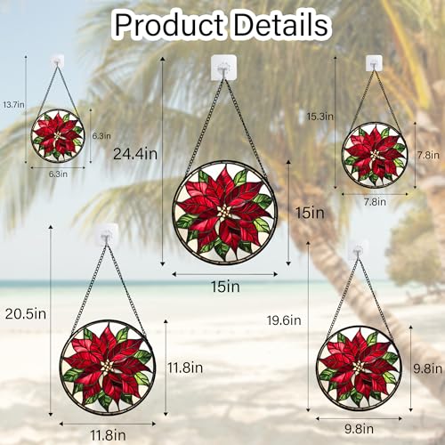 Red Poinsettia Flower Stained Glass Window Hanging Suncatcher Gifts 12" (Red and White / 11.8x11.8 IN)