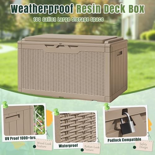 100 Gallon Resin Deck Box Large Outdoor Storage with Cushions for Patio Furniture (Light Coffee / 100 Gallon with Cushion)