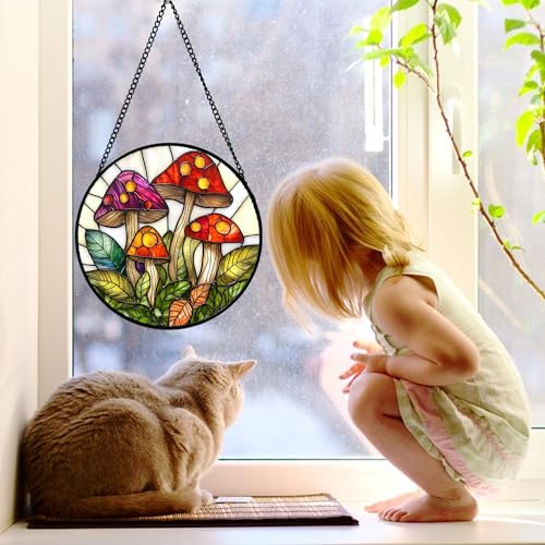 Mushroom Leaves Stained Glass Window Hanging Suncatcher Gifts 12"