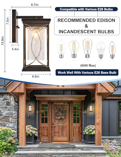 Dusk to Dawn Outdoor Wall Light Black with Gold Trim Modern Exterior Sconce Aluminum Waterproof Coach Light Fixture with Crack (Black and Gold-L)