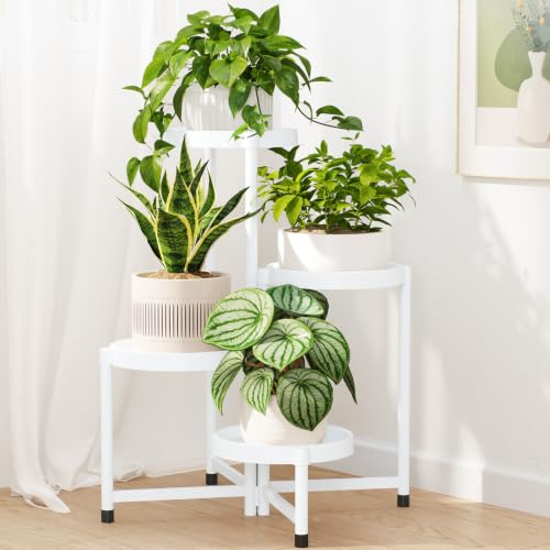 Plant Stand Indoor Outdoor with Large 10 Inch Plastic Tray (Solid White with Large Tray / 4 Tier)