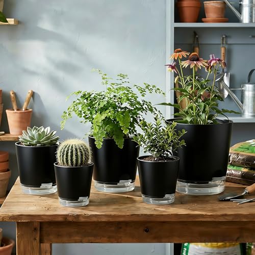 2026 Upgraded Self Watering Plant Pots with Drainage Hole (7-black-upgraded / 7+6.5+6+5.5+5+4 inch)